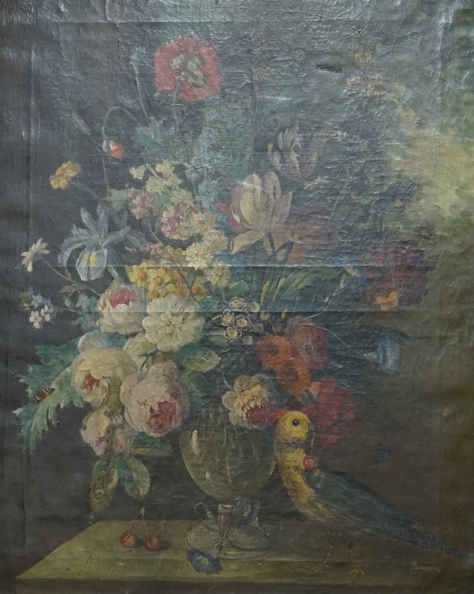 Josling, 19th century, oil on canvas, Still life of flowers in a vase with bird, signed, 79 x 63cm. Condition - poor